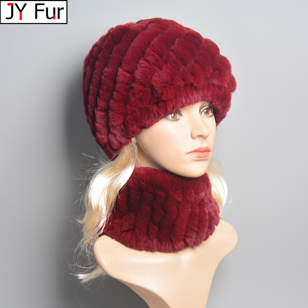 Good Elastic Ladies Real Rex Rabbit Fur Scarf Hat Set Winter Women Warm Natural Rex Rabbit Fur Muffle Cap Real Fur Scarves Hats