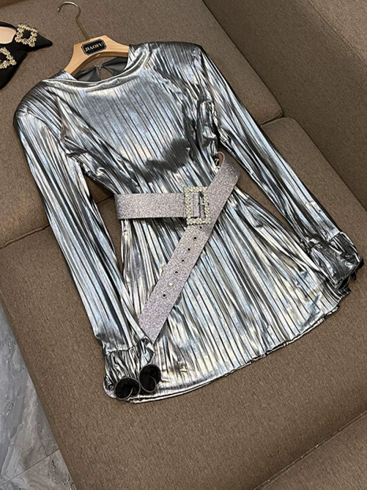 Vestido de Fiesta Mini Plisado con Cinturón, Manga Larga, Brillante, Sexy y de Lujo para Mujer, Moda 2026, Alta Calidad
