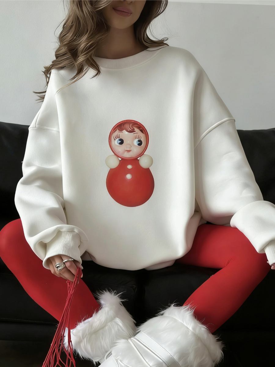 Women's 2026 New Casual Oversized Crew Neck Pullover Soft Comfortable Retro Doll Graphic Printed Long-Sleeve Sweatshirt