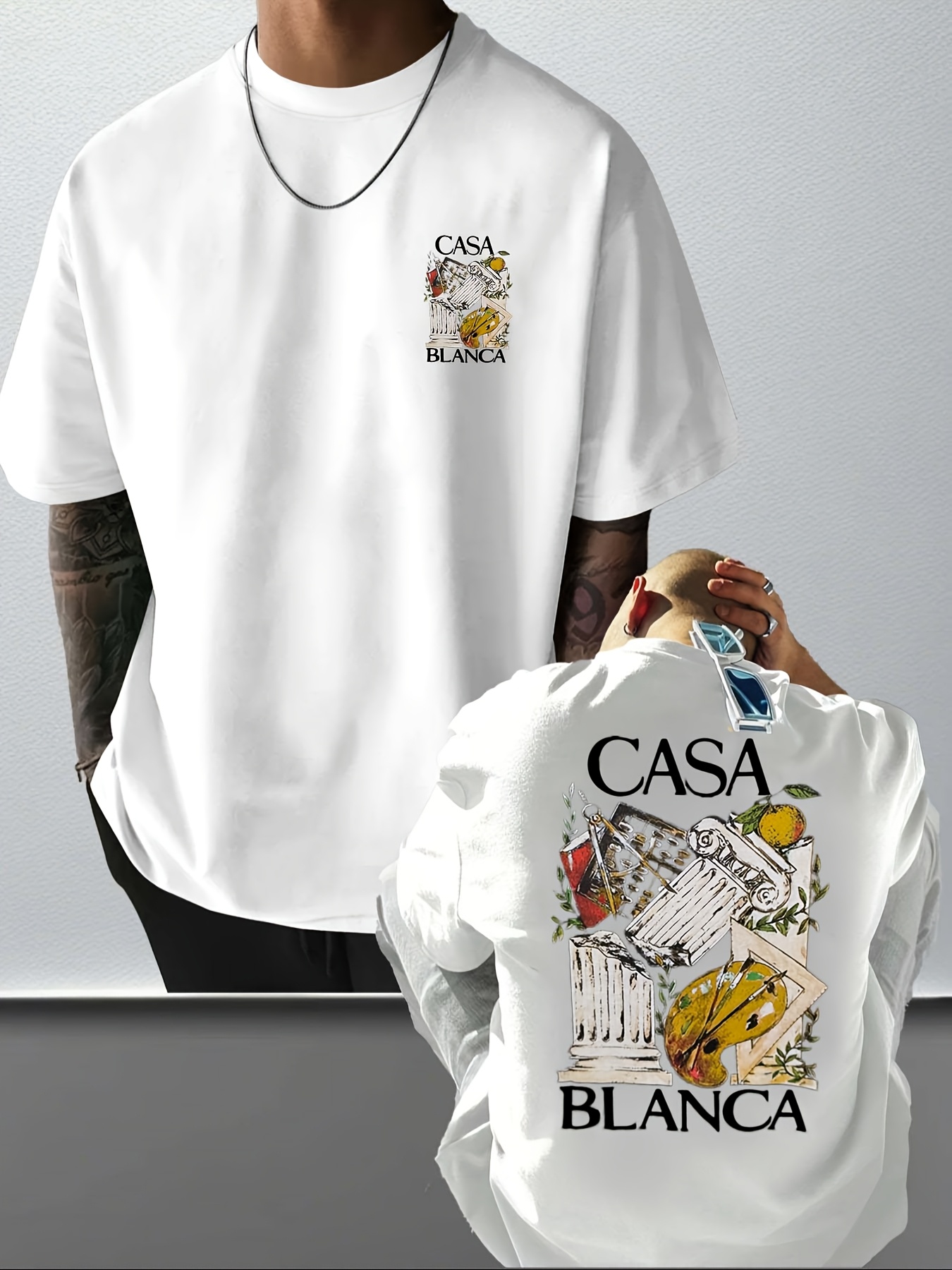 Elegant Artistic Tee with Classical Columns and Painter’s Tools Graphic 100% Cotton Men's T-shirt Summer Streetwear