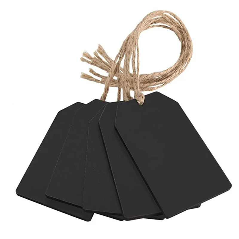 50PCS Black Slate Small Blackboard Double Sided Erasable Hanging Tag Hemp Rope Pendant Wood Craft Home Holiday Decoration