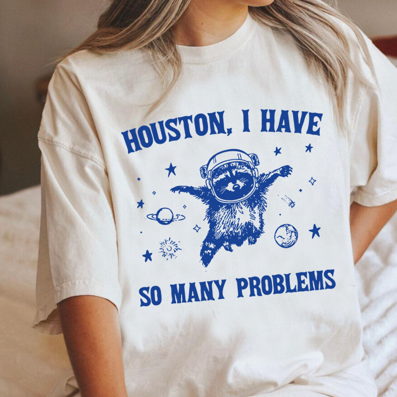 Футболки Houston I Have So Many Problems, забавные футболки с рисунком «Енот в космосе», луна, винтажная хлопковая женская одежда с короткими рукавами