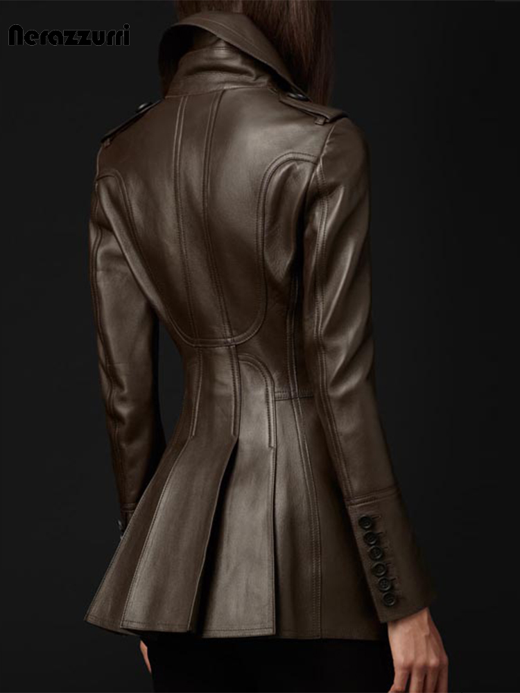 Nerazzurri-gabardina de cuero marrón de estilo británico para mujer, chaqueta ajustada de piel sintética suave con doble botonadura, moda de pasarela, 2023