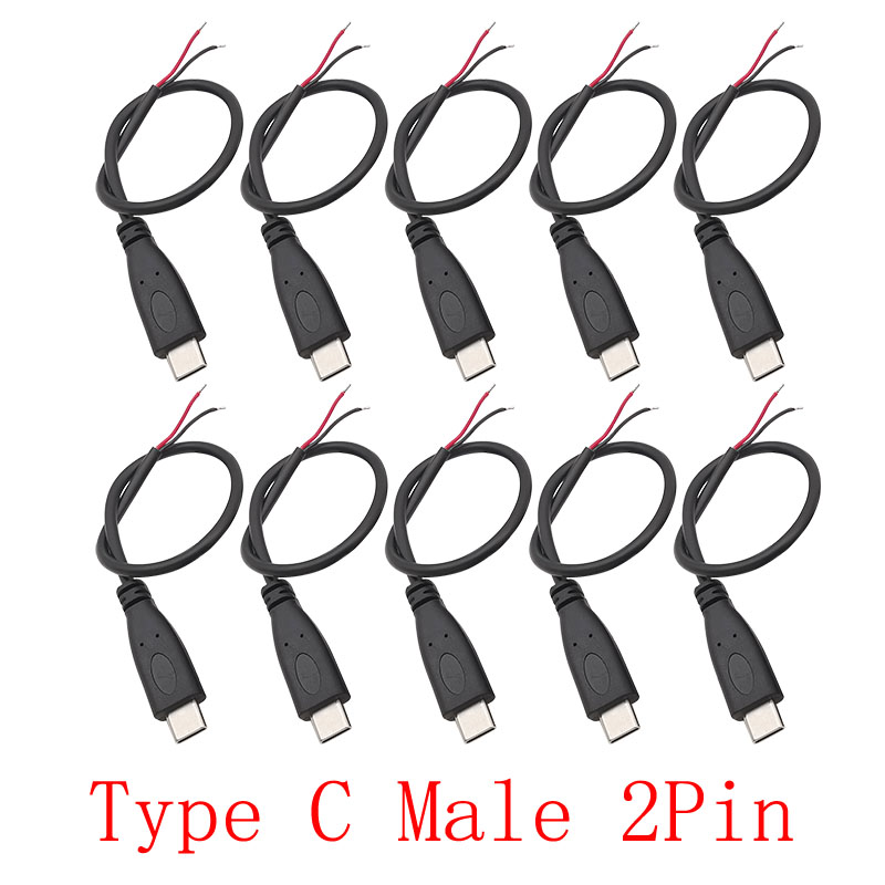 10 Pz Nero 5 V USB Tipo C Spina Maschio 2 Pin a Filo Nudo Open End Cavo di Alimentazione Connettore USB-C Riparazione FAI DA TE Cavo di Ricarica di Alimentazione 24AWG