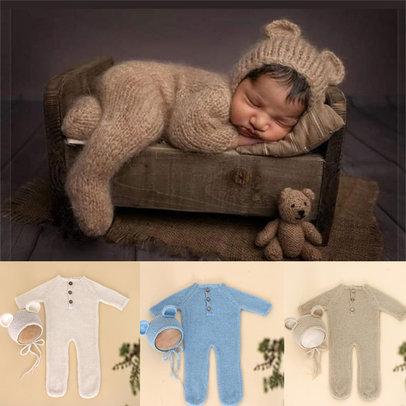 Pelele de bebé de oso de Mohair de color sólido + sombrero para recién nacido, accesorios de fotografía, accesorios de ropa, mono de punto suave para bebé, niño y niña