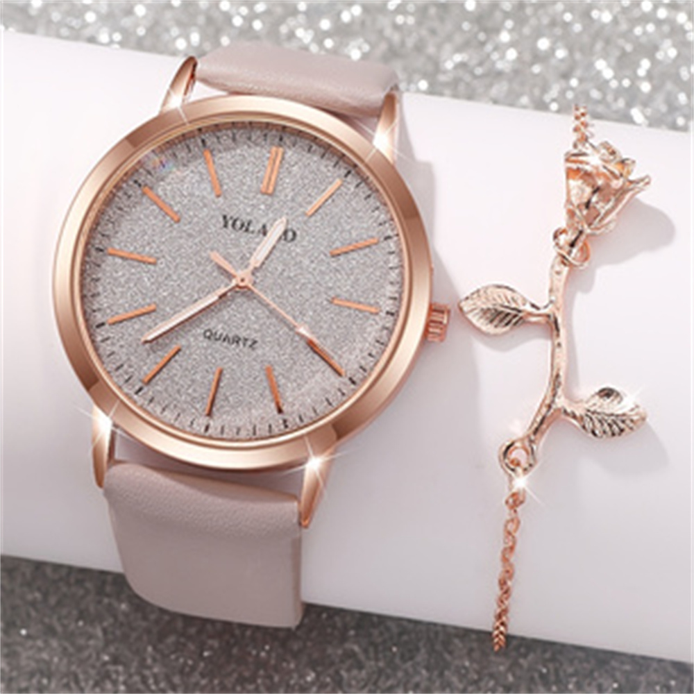 2 ชิ้น/เซ็ตนาฬิกาผู้หญิงแฟชั่นเงา PU หนัง Analog ควอตซ์นาฬิกา Rose ดอกไม้สร้อยข้อมือ