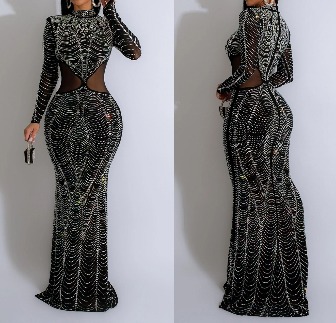 Vestidos de noite femininos, gola alta, strass brilhantes, coquetel, elegante, vestido de festa, luxo, manga longa, vestidos formais de baile xsy015