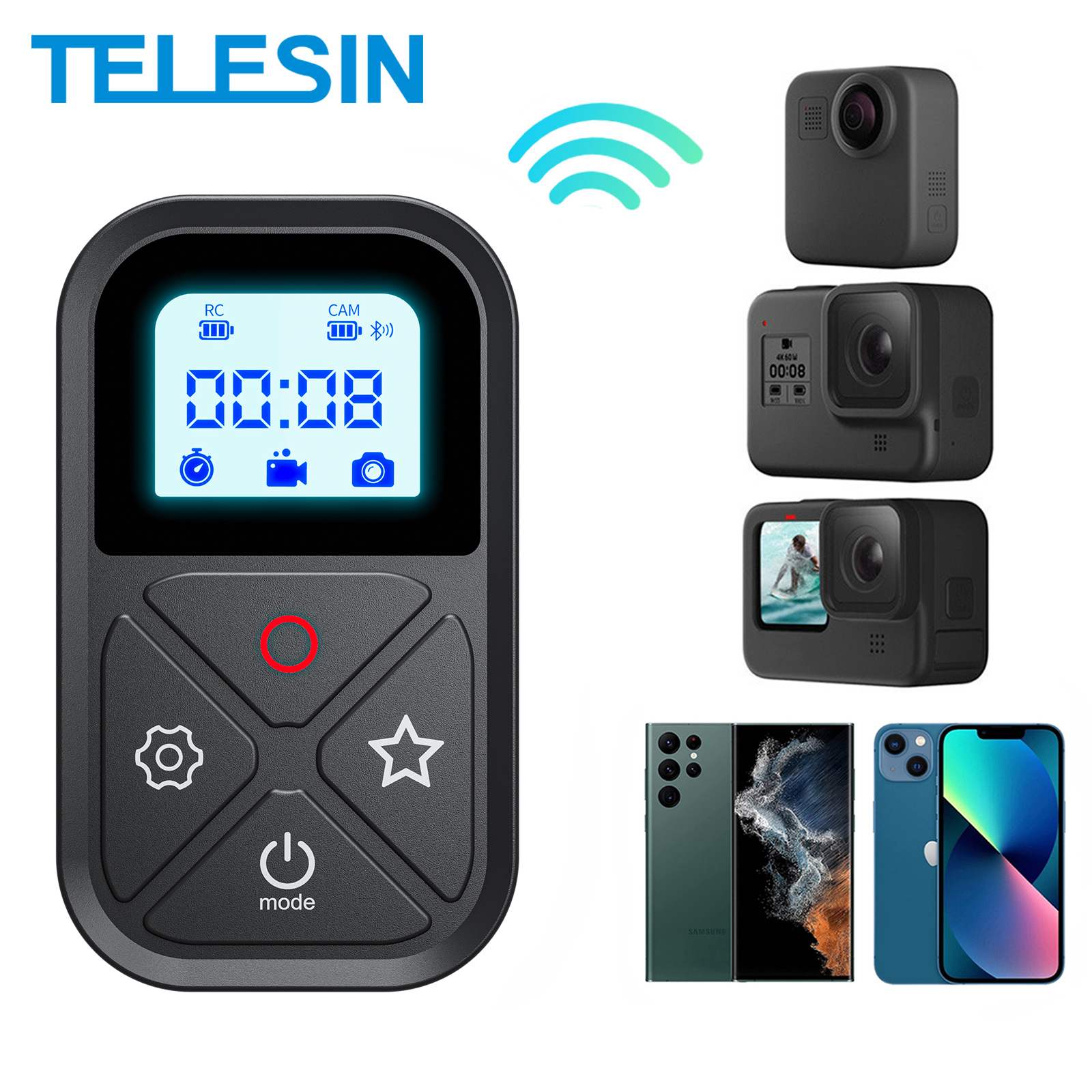 GoPro Hero 용 TELESIN Bluetooth 원격 제어 13 12 11 10 9 GoPro 액세서리 용 손목 밴드 80M 무선 스마트 원격 포함