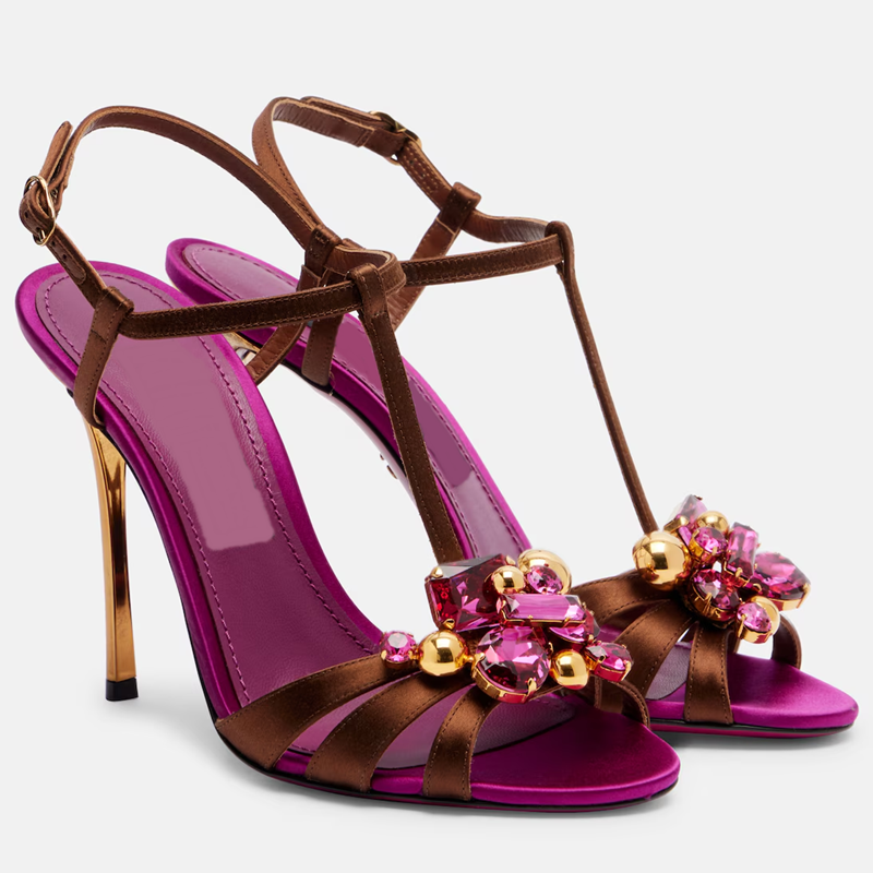 Sandálias de Cetim com Cristais Brilhantes em Cores Mistas, Sexy, Bico Redondo, Salto Fino, Tira Estreita, Aceitamos Personalização, Novidades da Moda, Sapatos Femininos