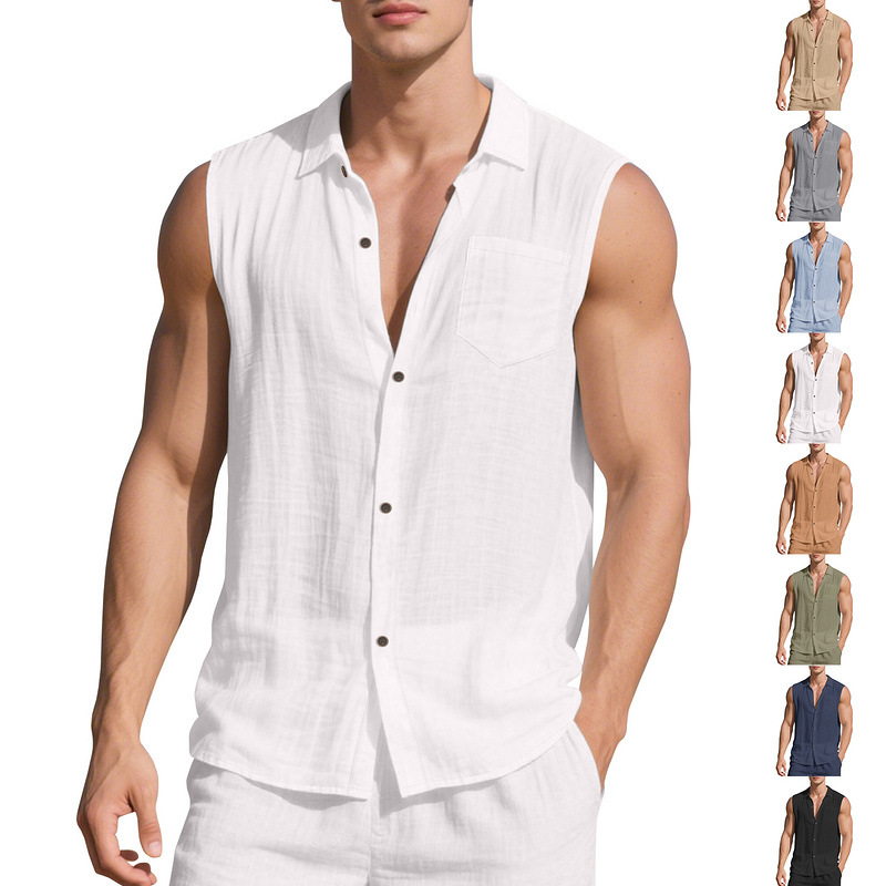 Camicia da spiaggia senza maniche in lino, stile casual, semplice e comoda, novità estiva da uomo, moda europea e americana.