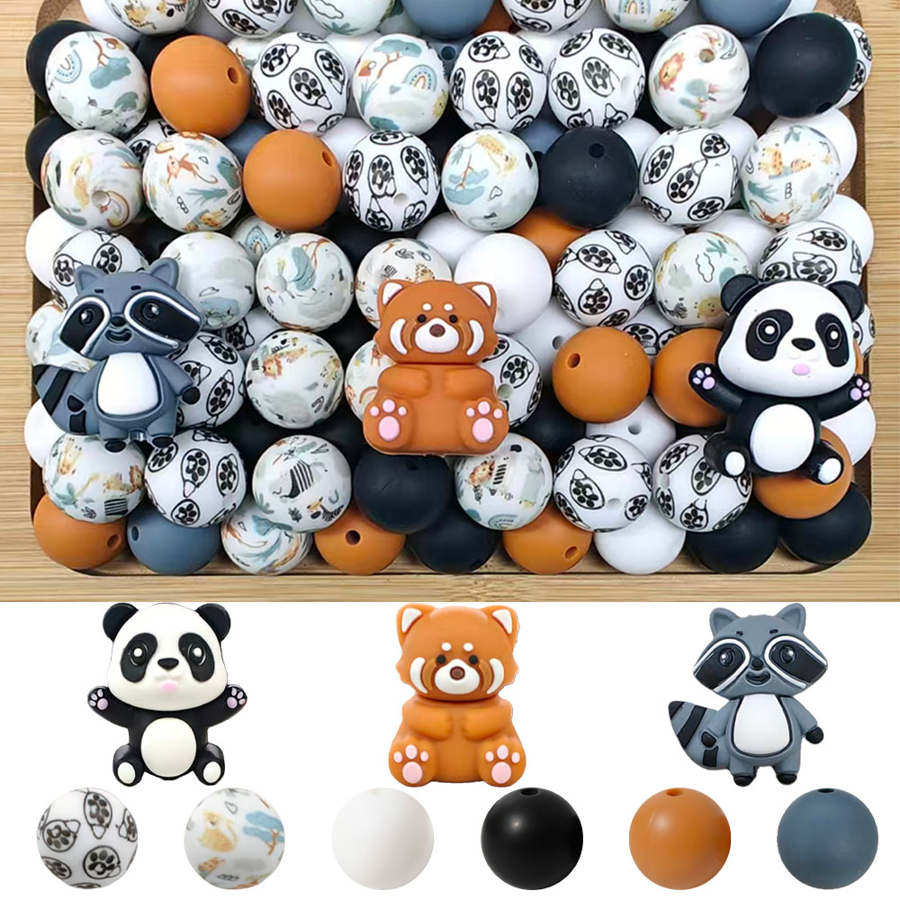 Conjunto de 25/53 Peças de Contas de Silicone de Animais (Panda e Guaxinim), Perfeito para Artesanato DIY como Chaveiros, Colares, Pulseiras, Etc.