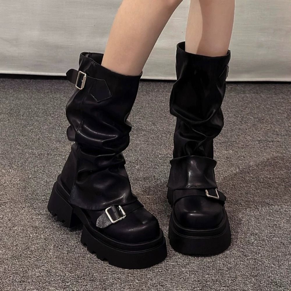 Nieuwe Ontwerp Vrouwen Biker Laarzen Platform Riem Gesp vrouwen Knie Hoge Laarsjes Harajuku Gladiator Y2K Punk Mid Pijp laarsjes Meisjes