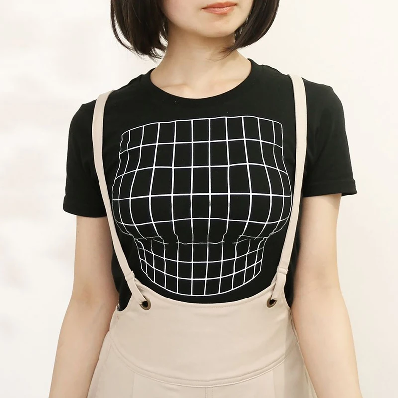 Vergrote Borst Optische Illusie Vrouwen Katoenen T-shirt Grappig Gedrukt Grote Borsten T-shirt Femme Harajuku T-shirt Goth Zwart Tops Shirt