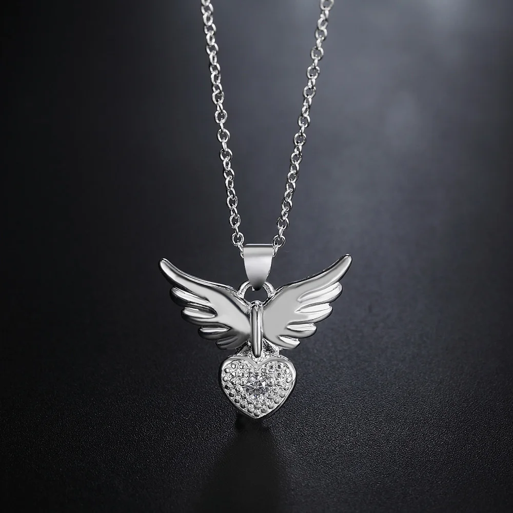 Collier avec pendentif ailes en forme de cœur en argent Sterling 925 pour femme, bijou de 18 pouces en Zircon, élégant, à la mode, cadeaux de noël