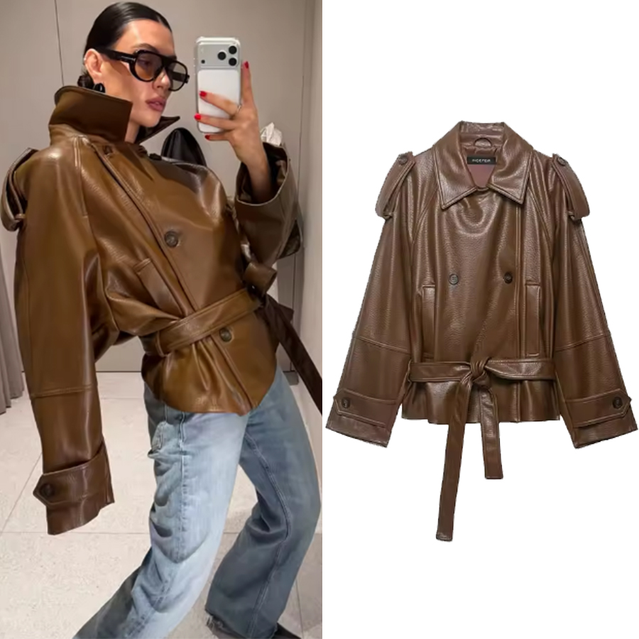 Jaket Kulit Imitasi Wanita Dengan Sabuk Mantel Luaran Streetwear Fashion Elegan Jaket Wanita Mantel Trench
