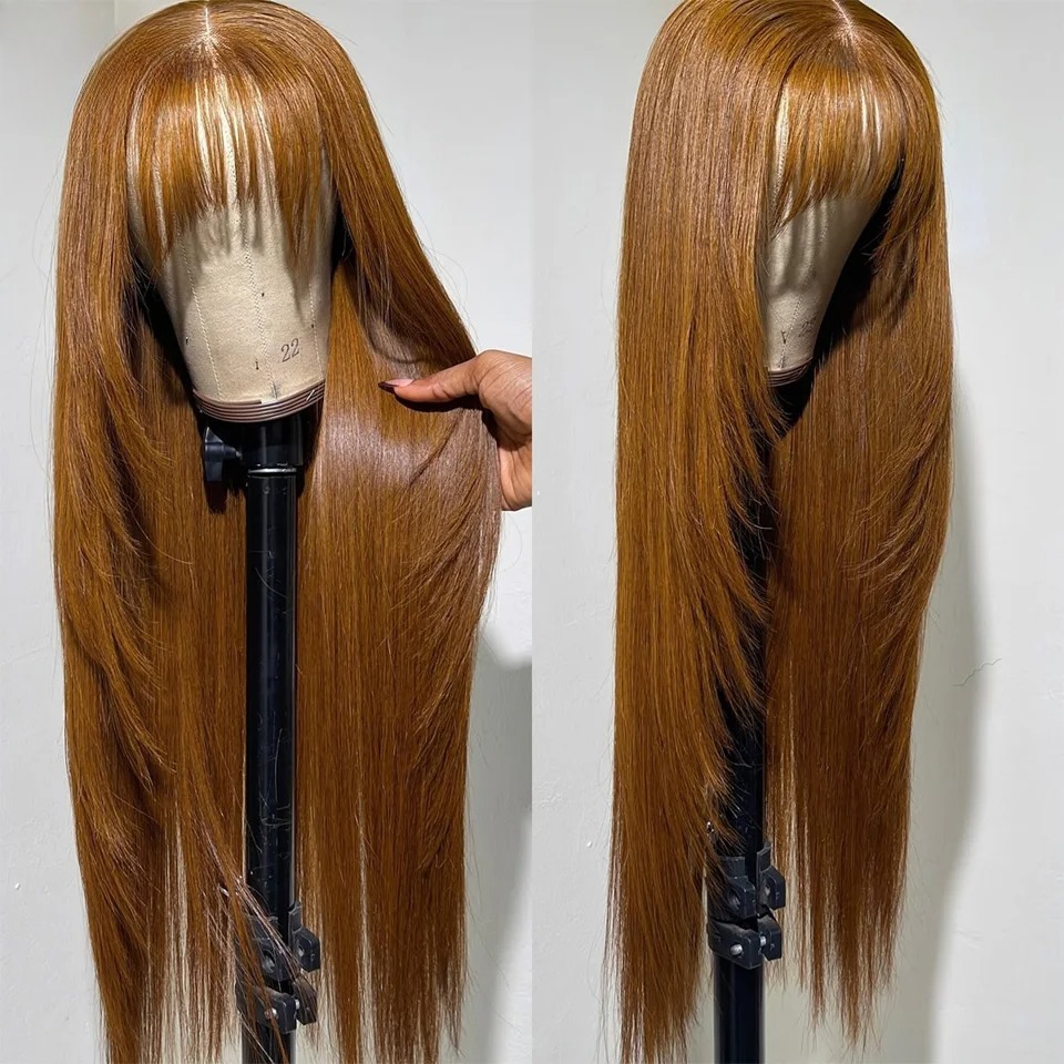 Peluca de encaje frontal en capas marrón claro con flequillo 13x4 HD, sintética, lisa natural, resistente al calor, en oferta para mujeres