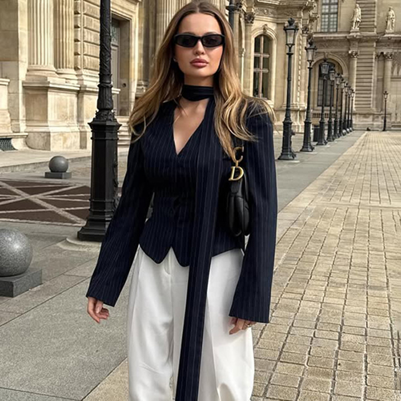 Tornova V คอริบบิ้น Blazer Coat สําหรับผู้หญิงพิมพ์ลายแขนยาวปุ่ม Office Lady TOP Elegant หญิง Slim Outwear ฤดูใบไม้ร่วง
