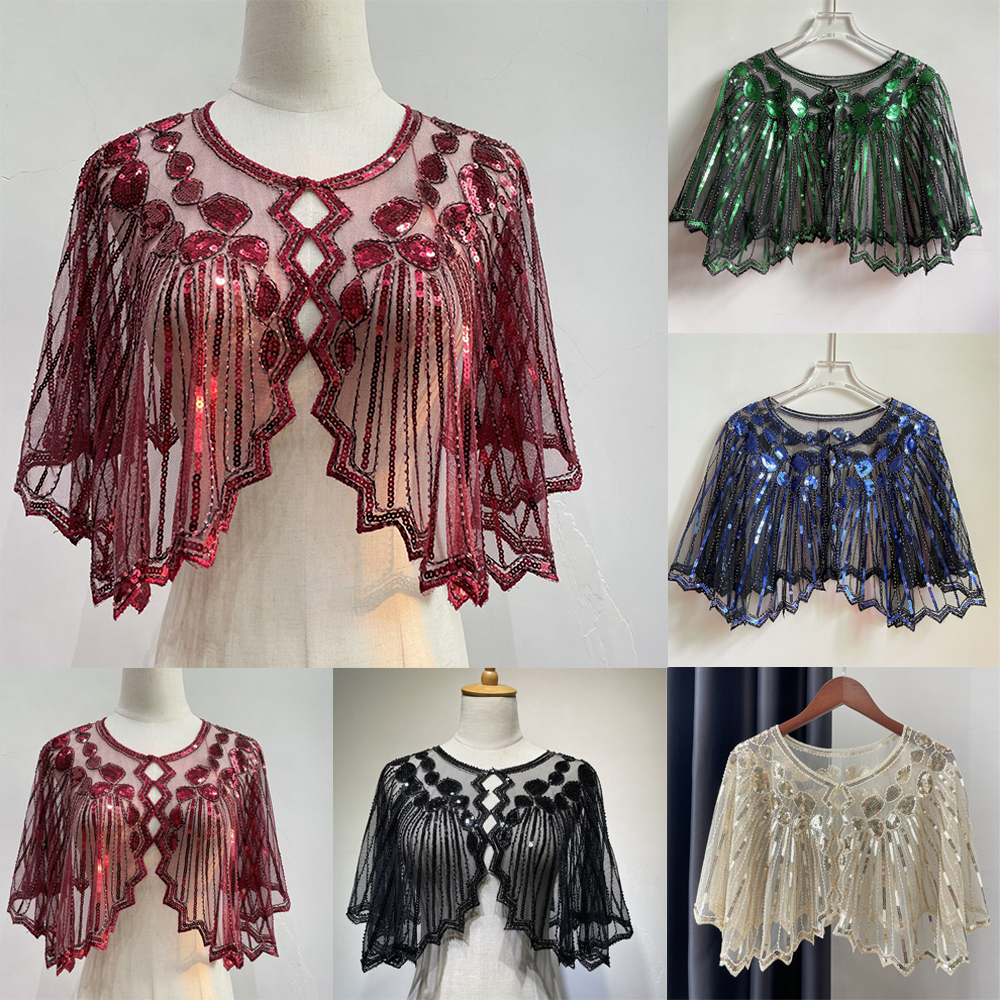 Scialle da donna anni '20 con perline e paillettes, mantello da sera, bolero, coprispalle, poncho con scialle a tema Gatsby e festa di nozze