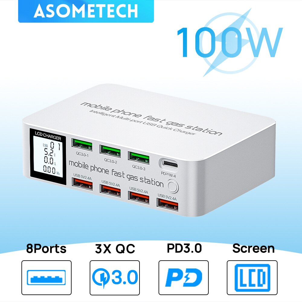 Зарядная станция USB 100 Вт с 3 портами QC3.0 для быстрой зарядки USB 20 Вт PD Порт USB типа C ЖК-дисплей Быстрое зарядное устройство для iPhone Xiaomi
