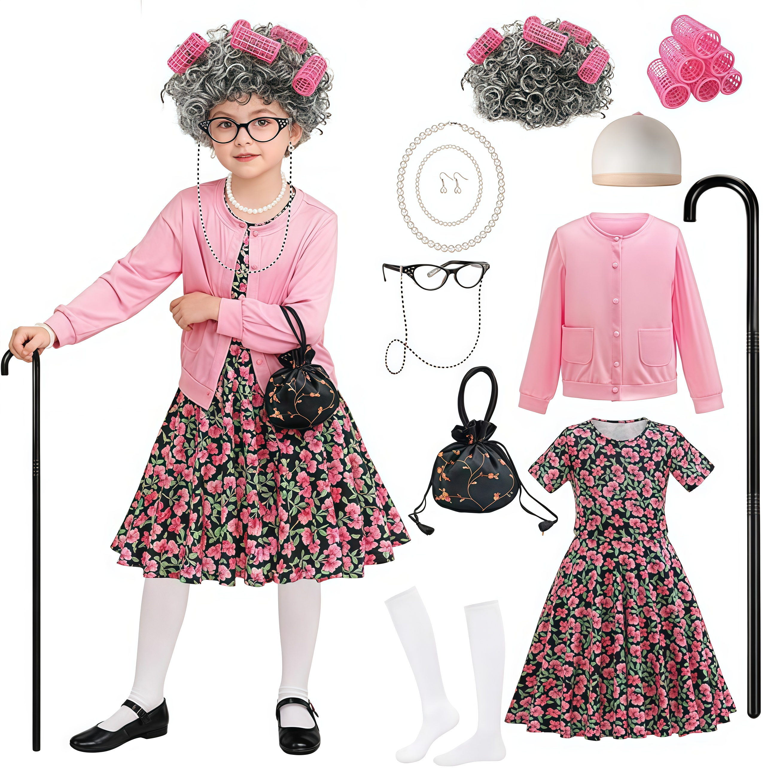 Kostium Babcia dla Dzieci Dziewczynki Strój na 100 Dzień Szkoły Przebranie Babci Szara Peruka Okulary Babciny Karnawałowy Kostium Cosplay