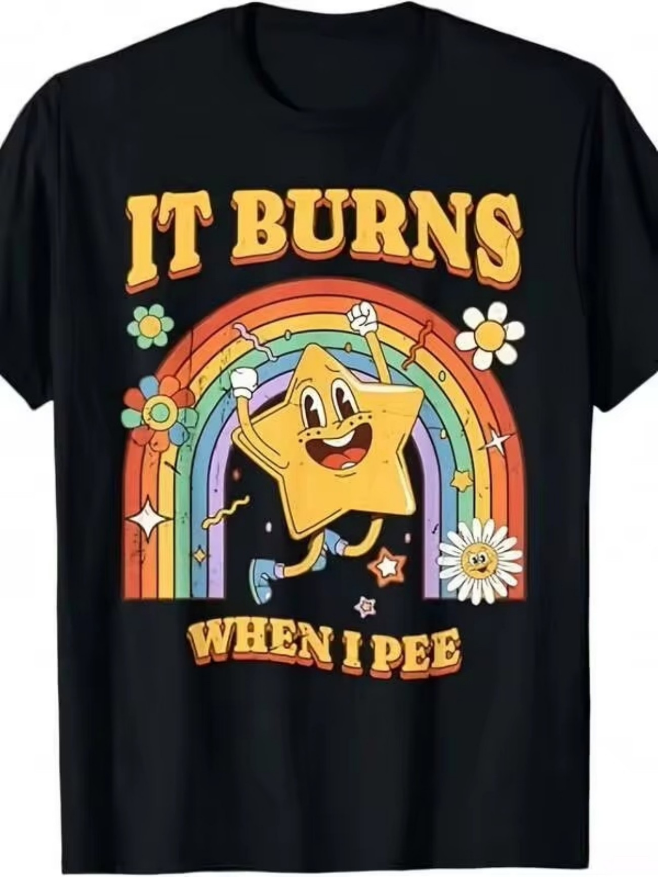 Camiseta divertida con estampado de "It Burns When I Pee" para hombres y mujeres - Camiseta negra de manga corta con cuello redondo, talla grande, con diseño de arcoíris, estrella bailarina y dibujos animados, ropa humorística con chistes de baño, lavable