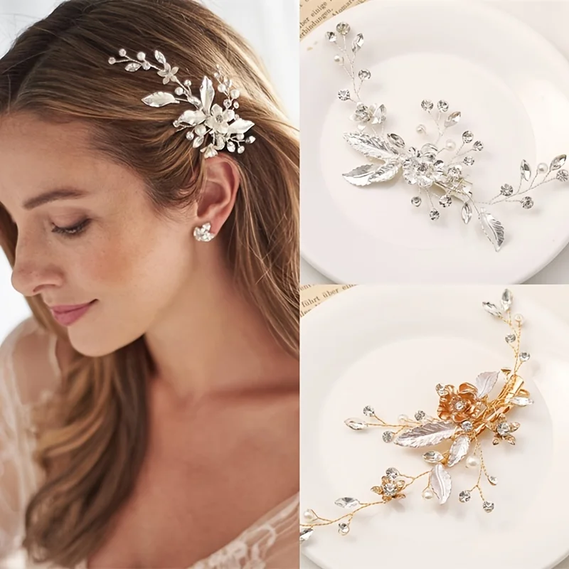 Trend ige Gold Silber Farbe Blumen blatt Kristall Haarnadel Stirnband Tiara Braut Hochzeit Haarschmuck Kopf bedeckung Schmuck Ornamente