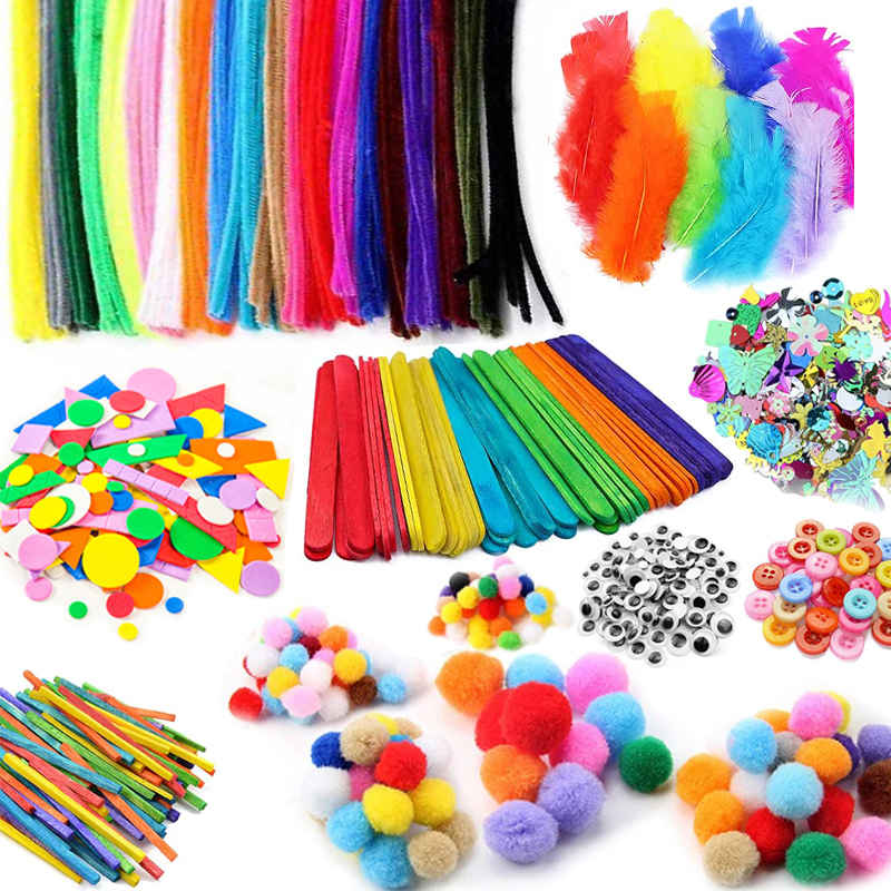 1000pcs เด็กหัตถกรรมชุดอุปกรณ์ศิลปะท่อทําความสะอาด Pompoms สติกเกอร์โฟม Feather Felt ผ้าปุ่ม DIY Creative CRAFT ของเล่นของขวัญ