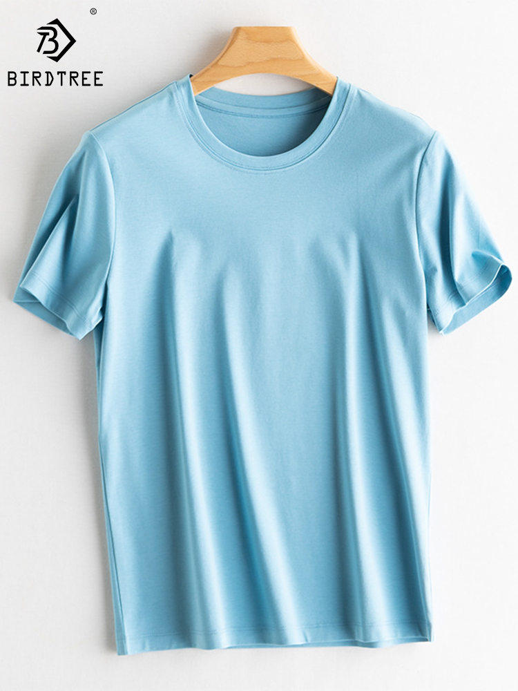 Camiseta Feminina BirdTree de Algodão e Seda, Gola V, Manga Curta Lisa, Camiseta Básica Respirável, Top Primavera 2026 T41856QM