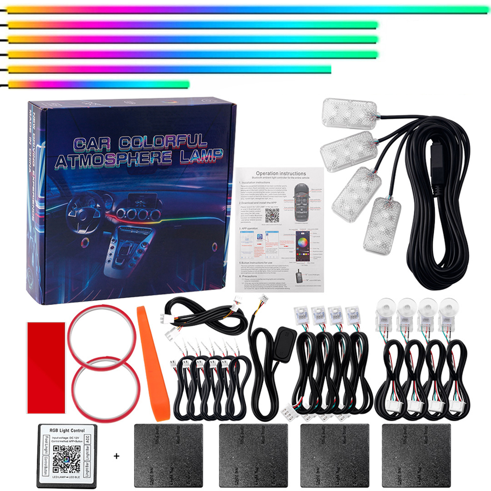 Kit de Luces Ambientales para Auto 18 en 1, 213 LED, 64 Colores RGB, Sinfonía de Luces, Bluetooth, Tiras Acrílicas Interiores con Efecto Arcoíris, Lámpara de Atmósfera