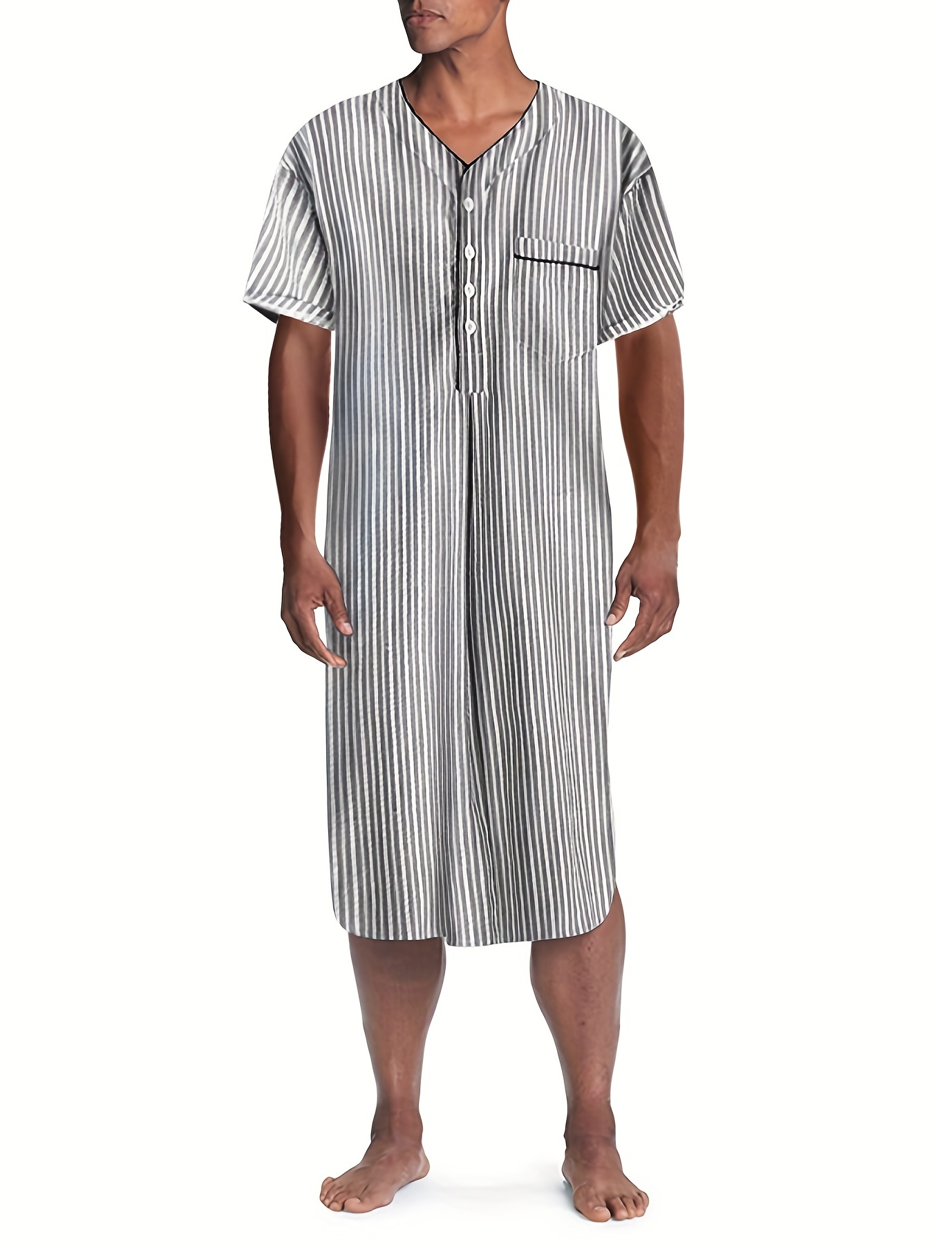 Men Casual Short Sleeve Pajamas V-neck One-piece Striped Nightgown Leisure Loose Premium Bathrobe Comfortable Homewear S-3XL