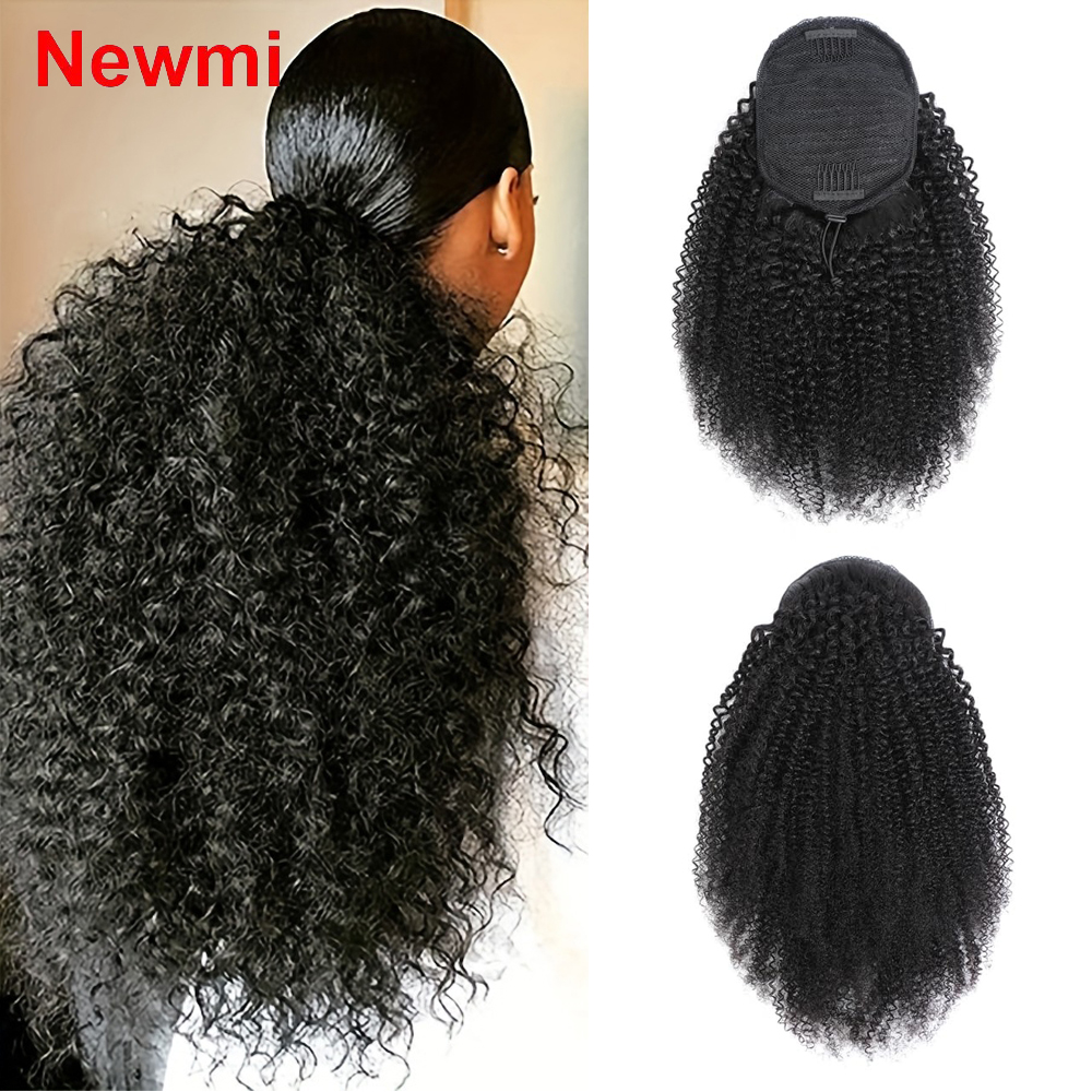 ผมหางม้าแบบ Afro Kinky Curly แบบผูกเชือก ทำจากผมแท้ ความหนาแน่น 150% เกรด 12A ผมบราซิลแท้ 4C ผมแท้ 100% สำหรับผู้หญิง