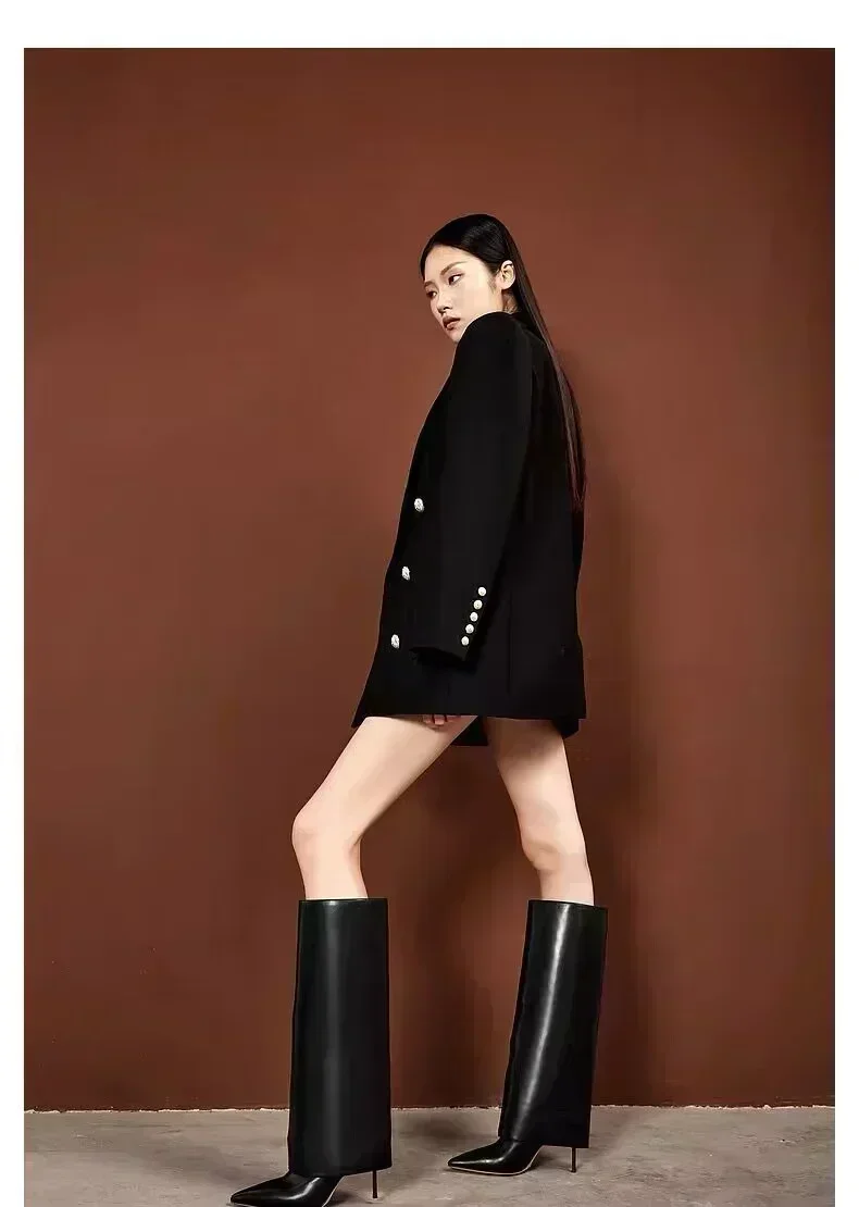 Herbst und Winter Neue Modische Kniehohe Lederstiefel für Damen, Spitze Schlanke Hochhackige Rockstiefel, Schwarze Mittellange Stiefel
