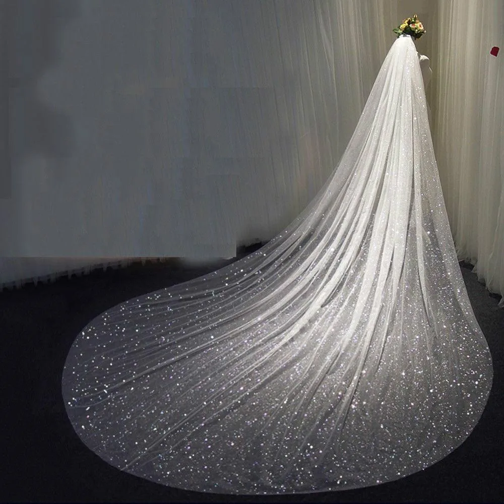 Véu de casamento de lantejoulas com pente, Bling Bling Bling Bridal Veils, Champanhe branco brilhante, 3 m x 5m, 1 camada