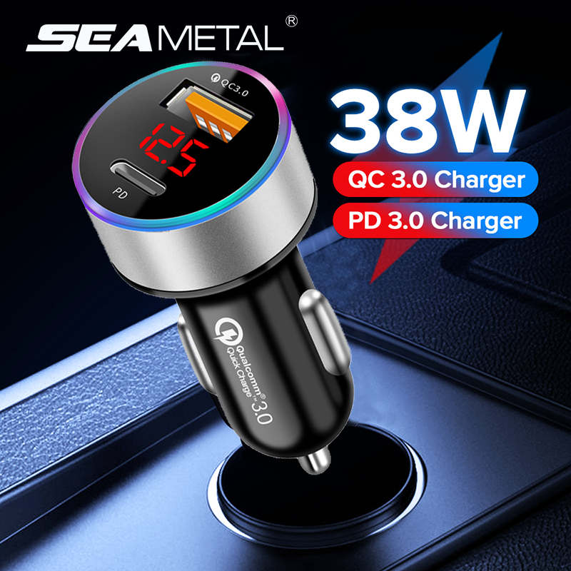 SEAMETAL Car Charger PD + USB QC3.0 38W ชาร์จโทรศัพท์ 12-24V ไฟแช็กอะแดปเตอร์ LED โวลต์มิเตอร์จอแสดงผล