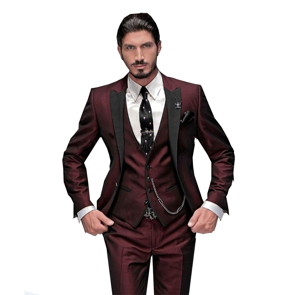 Mannen Pak Slim Fit 3 Stuks Bourgondië Tuxedo Gentle-Mens Wedding Suits Notch Revers Bruidegom Terno (Jas + Broek + Vest)