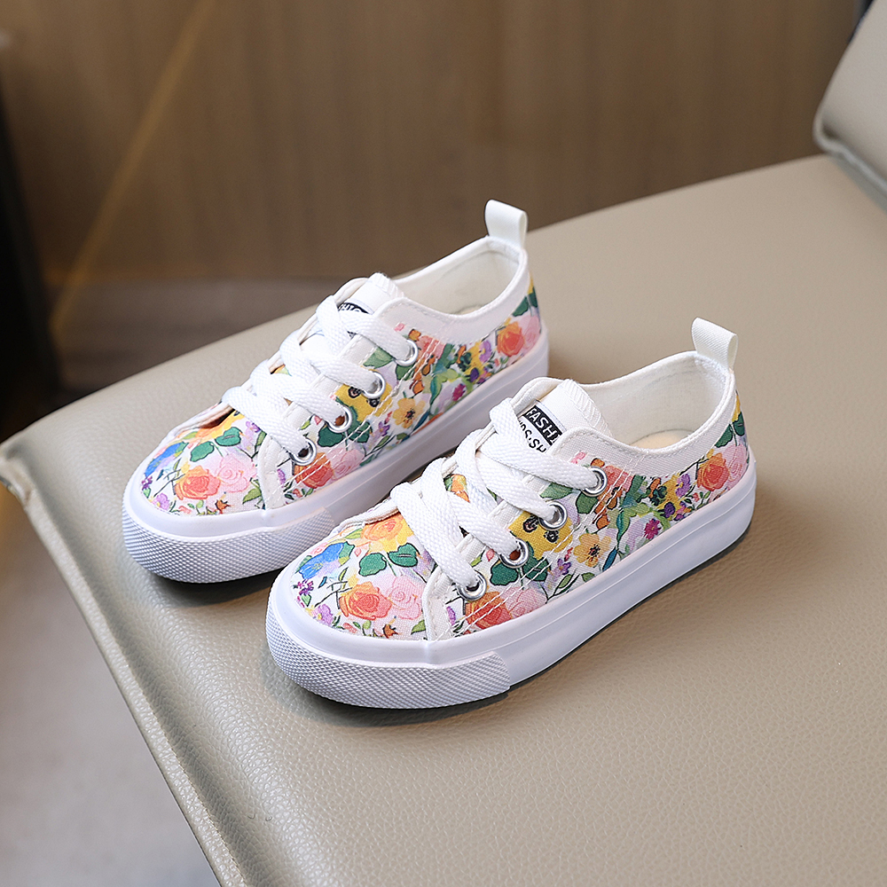COMFY KIDS Zapatos de lona de caña baja con estampado floral para niñas de 3 a 12 años, estilo fresco, tela de algodón transpirable, con cordones y tirador, para todas las estaciones, zapatos casuales para pícnic