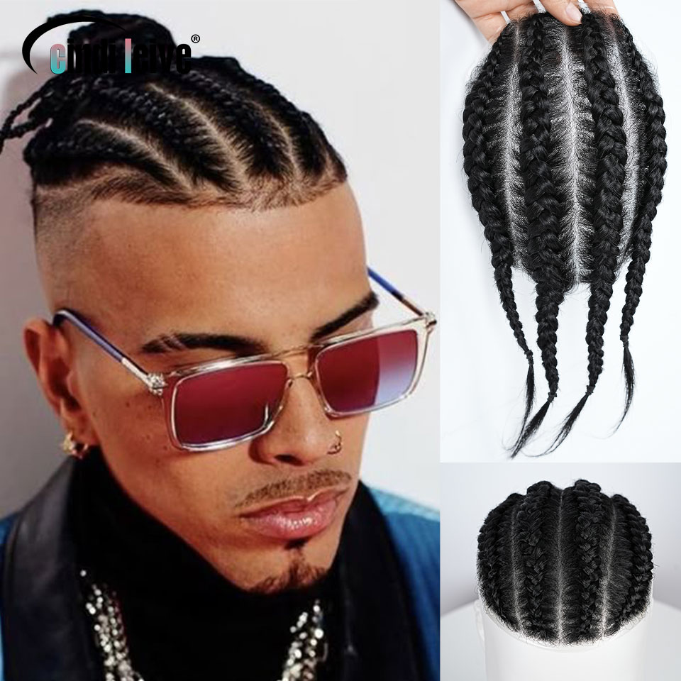 Cornrow Box Gevlochten Mannen Toupetje Menselijk Haar Huid Volledige PU Haarstukje Ademend Vervanging Haar Systeem Prothese Voor Mannen Patch Pruik