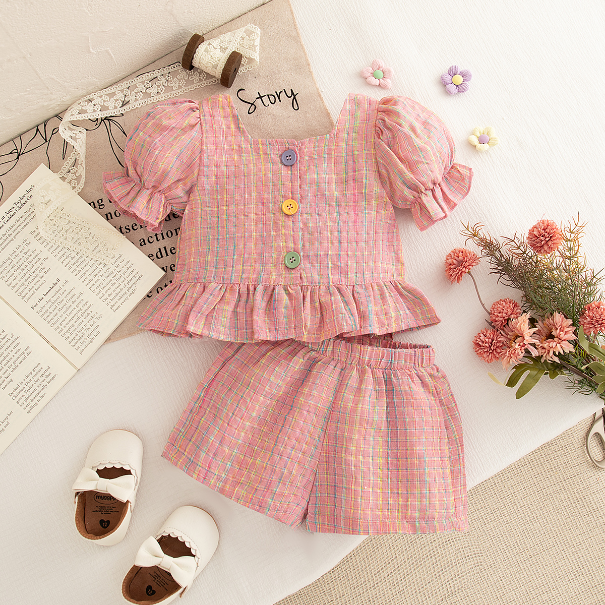 Roupas Casuais para Meninas, Conjunto de Verão para Bebê Menina, Camisetas Coloridas de Algodão com Estampa Xadrez e Shorts, 2 Peças