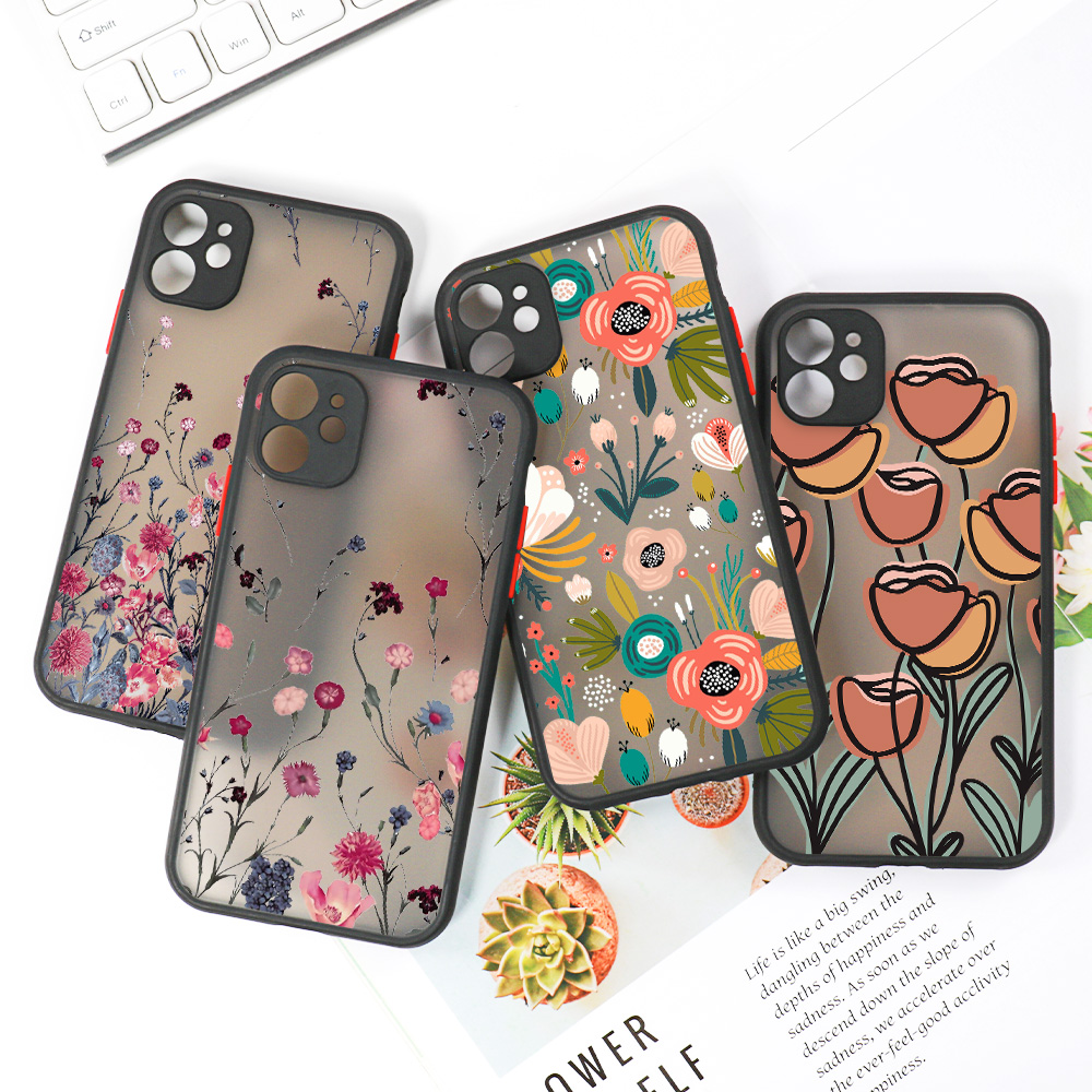 Hard Matte Telefoonhoesje Voor iPhone 11 13 Pro Max 14 15 XR X 7 8 Plus SE 2020 12 Mini 13promax Lensbescherming Bloem Fundas Cover