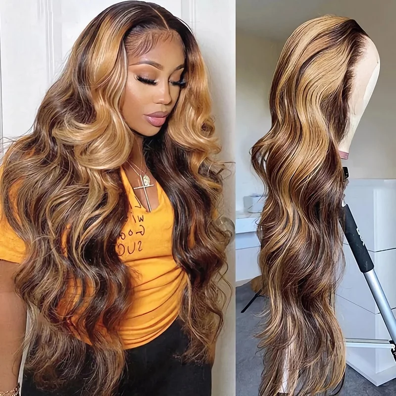 4/27 destaque 13x4 13x6 hd laço frontal perucas de cabelo humano 200% densidade ombre loira onda do corpo frente 36 Polegada para mulher brasileira