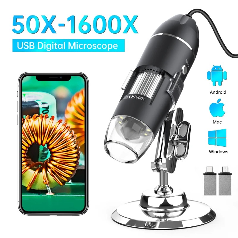 Microscopio USB 1600X 1080P HD per Saldatura con 8 LED Compatibile con Android, Mac, Windows (X4)