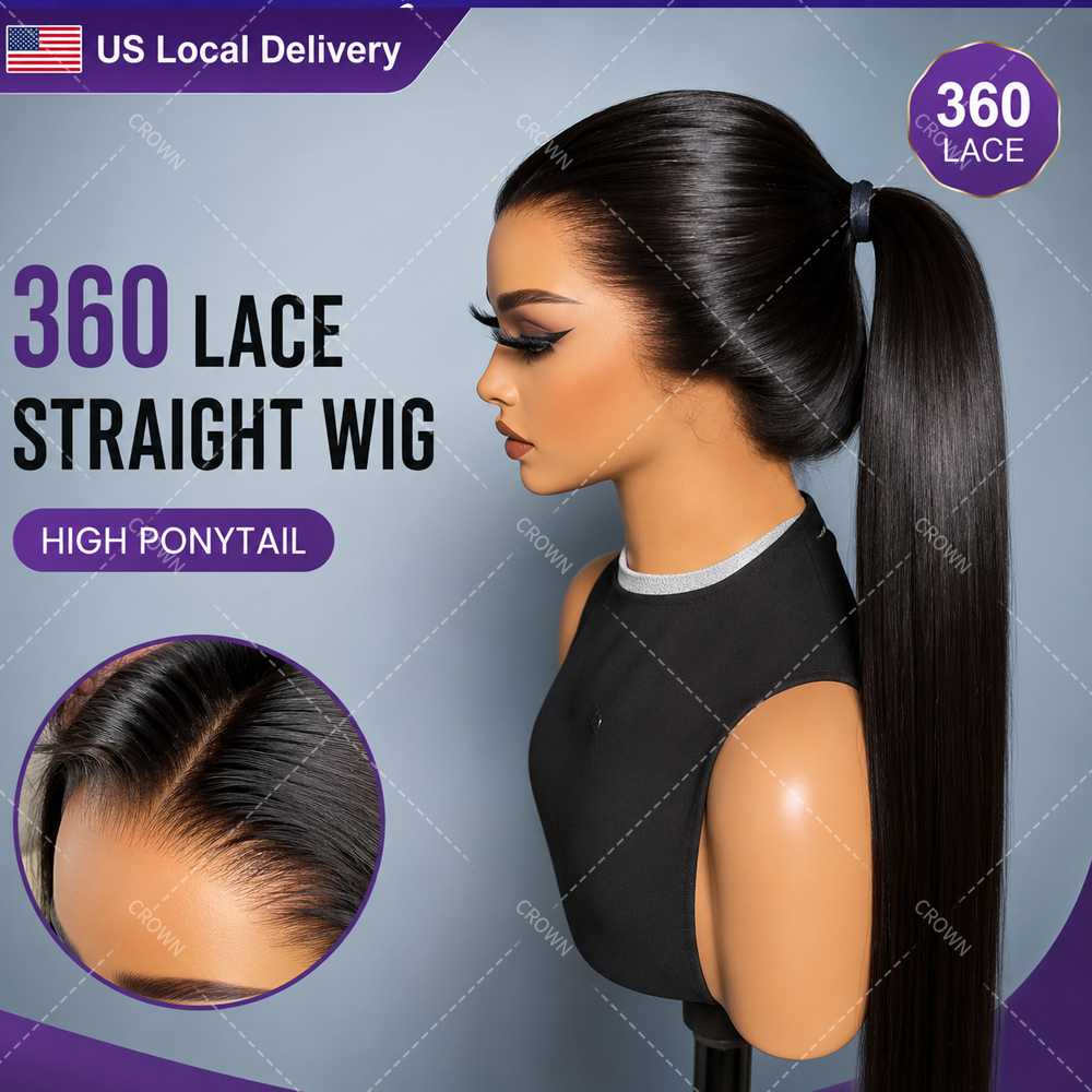Peruca de Cabelo Humano Liso com Renda 360, Peruca Frontal 13x4 com Renda HD, Preto Natural, Pré-Pronta com Nós Descoloridos, Peruca Rabo de Cavalo Alto para Mulheres Negras