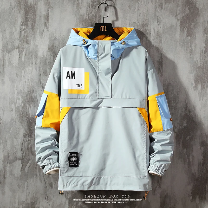 Chaqueta con capucha para hombre, ropa de calle a la moda, chaqueta con capucha de retales con contraste de Color, cortavientos impermeable, abrigo con cremallera, prendas de vestir para hombre