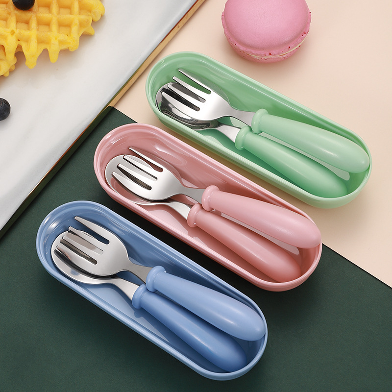 3 pçs crianças colher garfos caixa crianças de aço inoxidável talheres portátil utensílios de alimentação do bebê colheres do bebê conjunto de utensílios de mesa do bebê