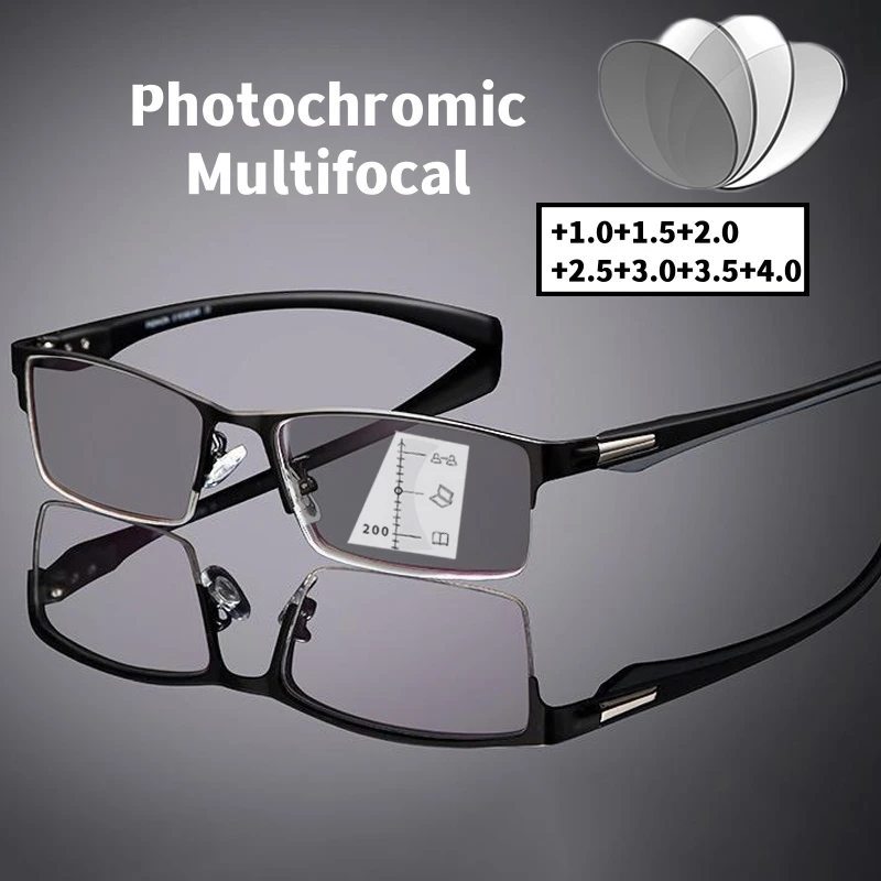 Biznesowe progresywne wieloogniskowe okulary do czytania modne blisko dalekie prezbiopia Vintage fotochromowe okulary przeciwsłoneczne okulary +1.0 do +4.0