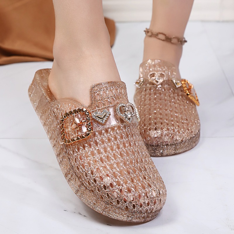 Women's jelly crystal open-toe slippers, new summer style, fashionable women's beach sandals, hollow design, non-slip.