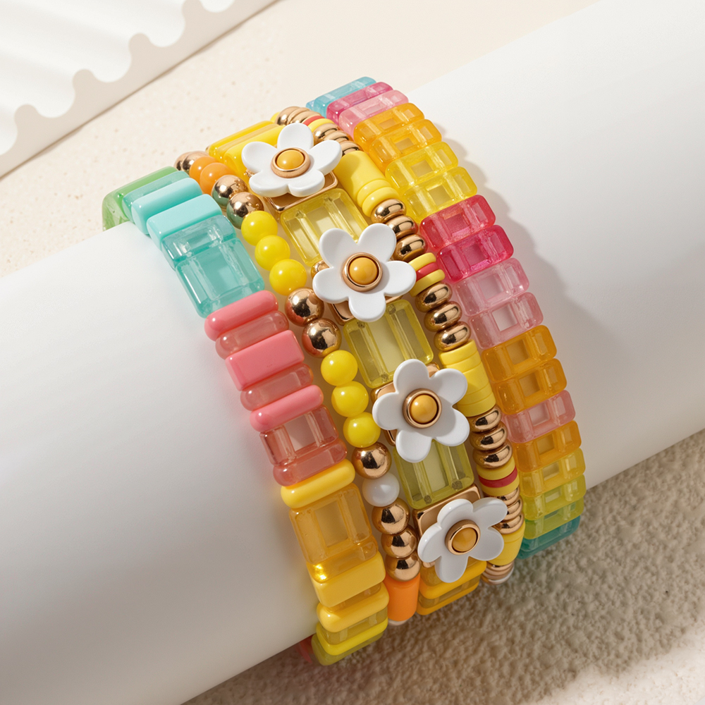 Colorful Acrylic Bracelets Sets For Women Handmade Beaded Layered Elastic Bangle