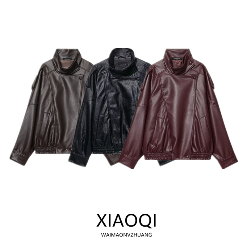 New 2025 Autumn Women's Pilot Jaet Fake Leather Stand Collar Zipper Closure ort Outerwear Faion Commute Sle Loose Fit