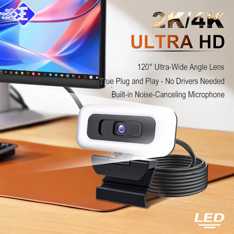 Przenośna kamera internetowa Full HD 2K 4K do komputera PC i laptopa z autofokusem, elastyczna, z mikrofonem, do transmisji na żywo z oświetleniem.
