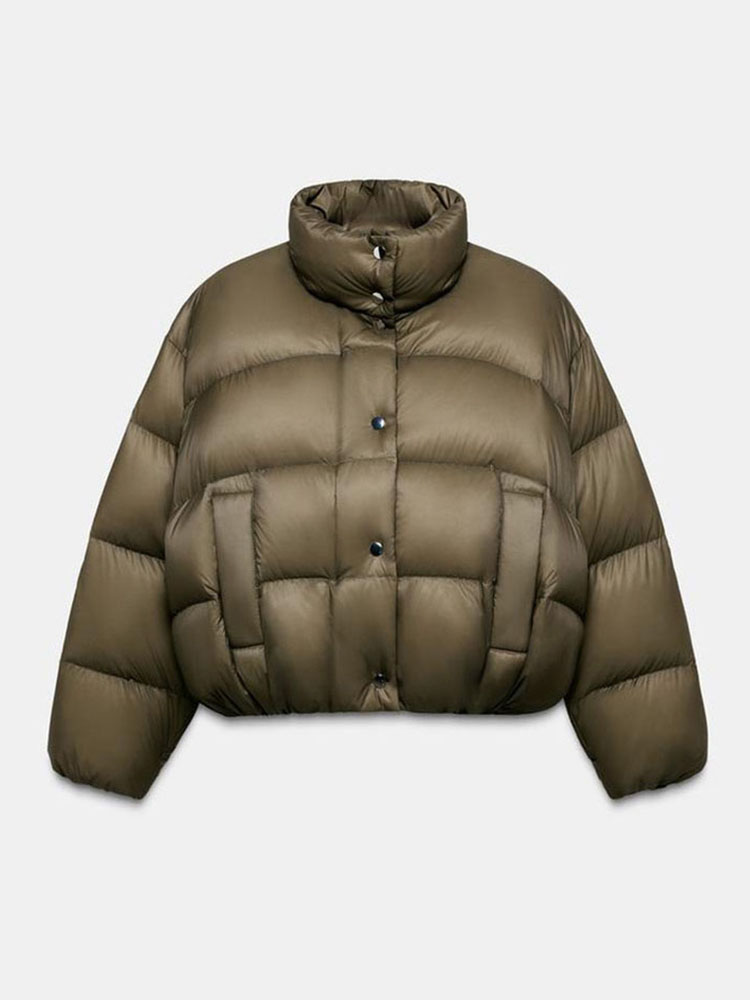 Women's Olive Green Quilted Jacket Coat Stand Collar Short Coats Fashion Warm Winter Outerwear Female Fashion High Street Outfit